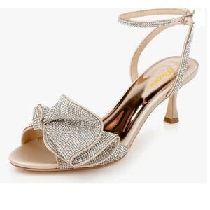Milooey Gold Glitter Rhinestone Bow Sandal Crystal Ankle Strap High Heels Shoe